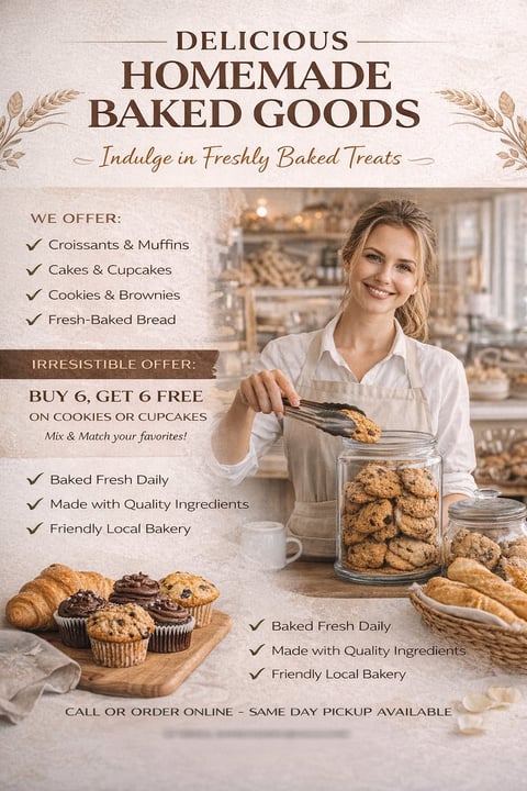 Homemade bakery flyer featuring a smiling baker with fresh baked goods, offering croissants, cakes, cookies, and bread with a buy 6 get 6 free promotion on cookies and cupcakes