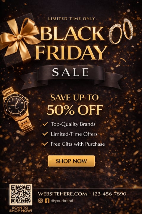Black Friday sale advertisement with 50% off offer, gold bow, watch, and shop now button on dark background