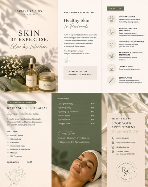 Radiant Skin Co. esthetics brochure featuring skincare products, services, and pricing with customer testimonials