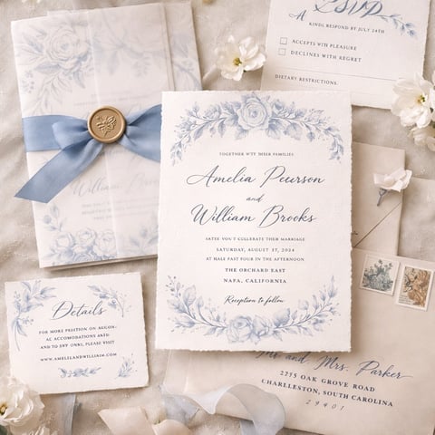 Wedding invitation suite with blue floral design, including ceremony card, details card, and envelope with blue ribbon and wax seal