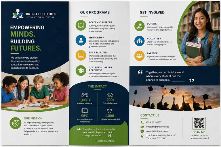 Bright Futures nonprofit brochure with mission statement, programs, impact statistics, and contact information