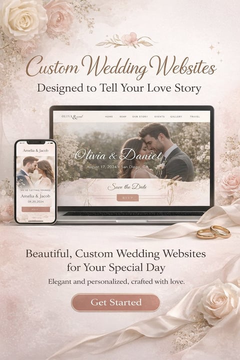 Custom wedding websites design showcase featuring responsive mockups on laptop and mobile displays with elegant rose and gold aesthetic