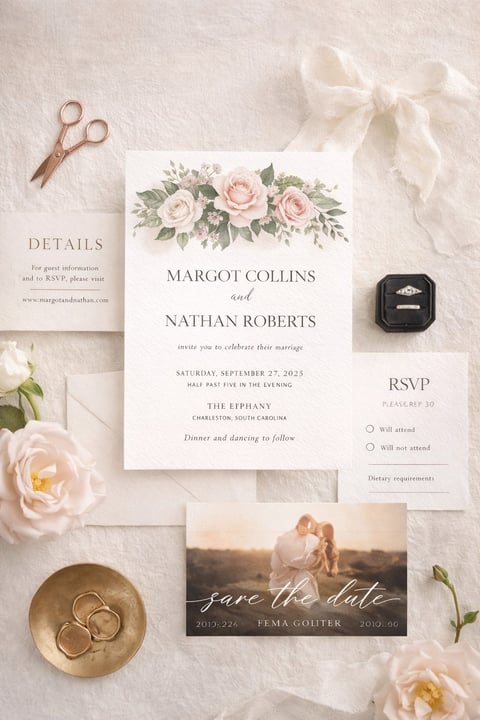 Elegant wedding stationery flat lay with invitation, RSVP card, save-the-date, rings, scissors, and flowers on white background
