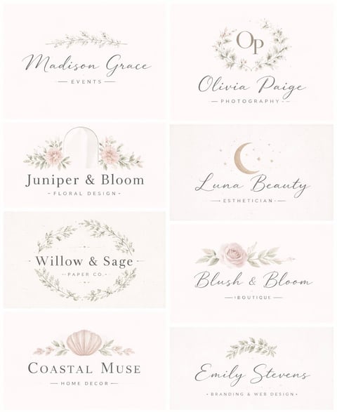 Collection of eight elegant feminine brand logos featuring botanical designs, script typography, and soft pastel decorative elements