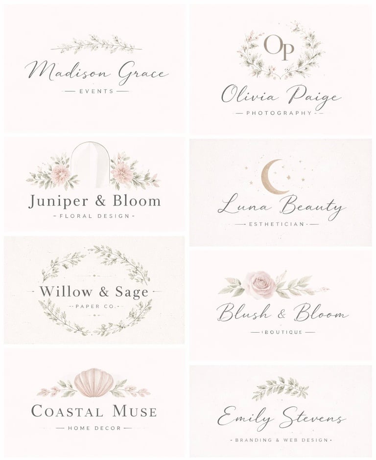 Collection of eight elegant feminine brand logos featuring botanical designs, script typography, and soft pastel decorative elements
