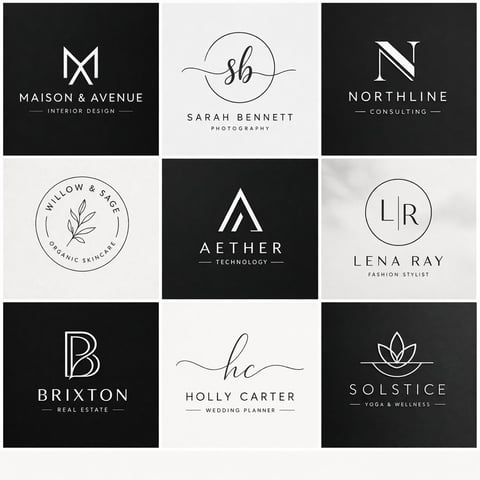 Grid of nine minimalist business logos featuring names like Maison & Avenue, Sarah Bennett, Northline, Aether, and others on black and white backgrounds