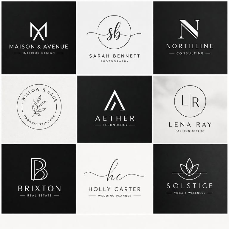 Grid of nine minimalist business logos featuring names like Maison & Avenue, Sarah Bennett, Northline, Aether, and others on black and white backgrounds