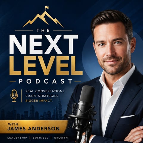 The Next Level Podcast with James Anderson - professional man at microphone with mountain logo and tagline on blue background