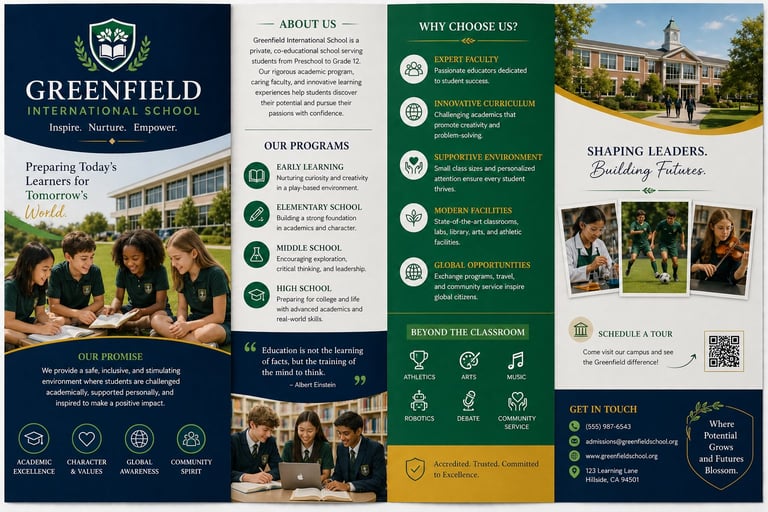 Greenfield International School brochure featuring campus views, student photos, academic programs, and contact information in navy and green design
