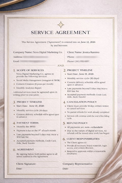 Service Agreement document between Nova Digital Marketing Co. and Jessica Ramirez, outlining scope, timeline, payment terms, and policies