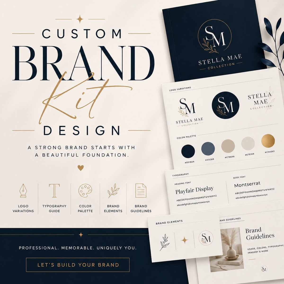 Custom brand kit design mockup for Stella Mae Collections featuring logo, color palette, typography, and brand guidelines on white background