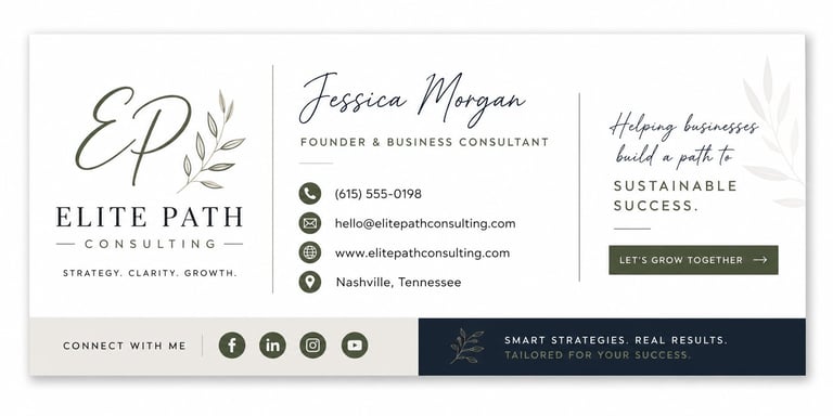 Business card for Elite Path Consulting featuring founder Jessica Morgan, contact details, and social media icons