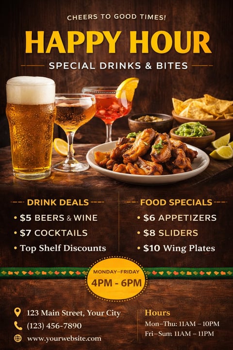 Happy Hour promotional flyer with drink specials, food deals, wings and appetizers displayed with beer, cocktails, and appetizer plates