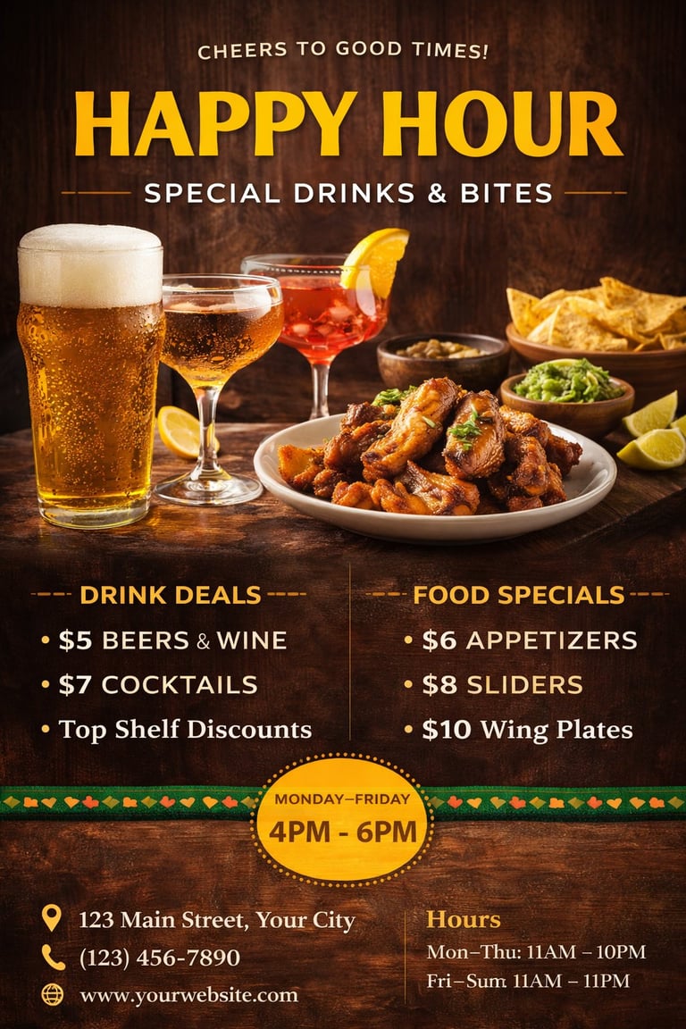 Happy Hour promotional flyer with drink specials, food deals, wings and appetizers displayed with beer, cocktails, and appetizer plates