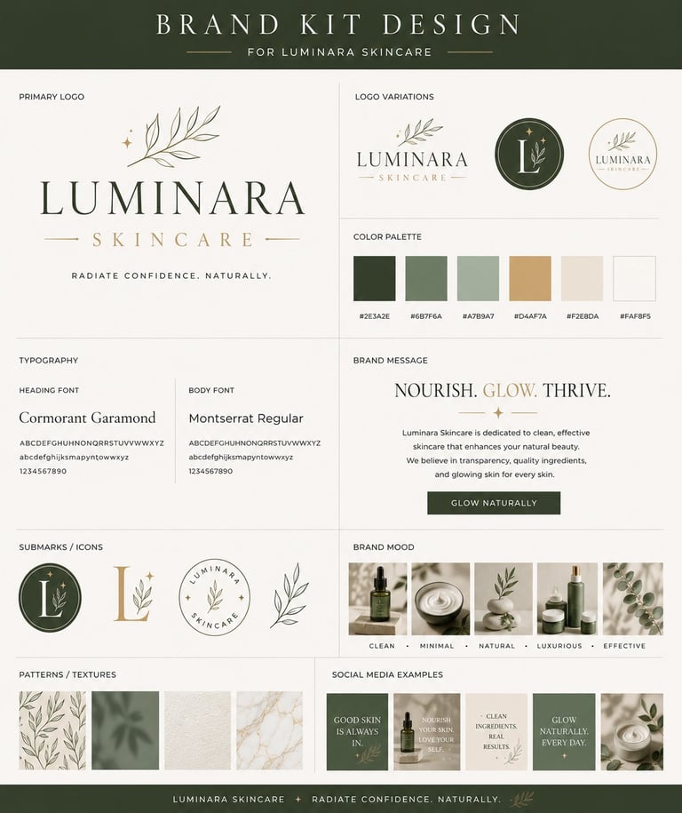 Brand kit design for Luminara Skincare featuring logo, color palette, typography, and visual elements in green and beige tones