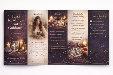 Brochure set for tarot readings and intuitive guidance services with mystical design and information panels