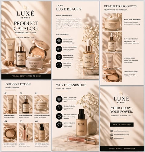 Luxe Beauty product catalog pages featuring skincare and cosmetics with neutral tones and product collections displayed on marble backgrounds