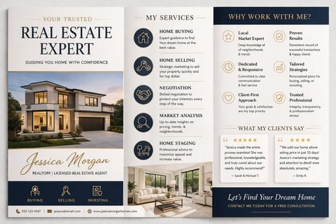 Real estate marketing flyer featuring agent Jessica Morgan with home images, services, client testimonials, and contact information