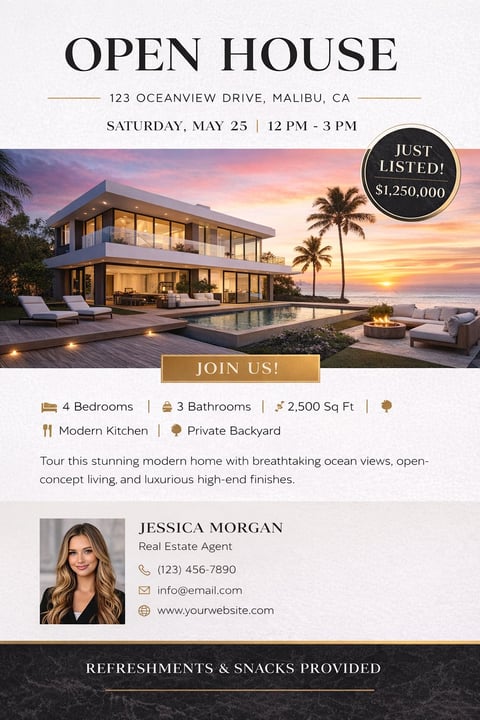 Open house flyer for modern Malibu beachfront home featuring 4 bedrooms, 3 bathrooms, listed at $1,250,000
