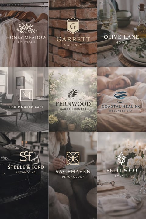 Grid of nine business logos and branding including Honey Meadow Boutique, Garrett Masonry, Olive Lane Home, The Modern Loft, Fernwood Garden Center, Coastal Healing Wellness Spa, Steele & Ford Automotive, Sagehaven Psychology, and Petit & Co Events
