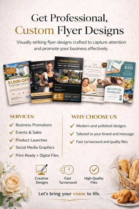 Marketing flyer showcasing custom professional flyer design services with sample designs, service list, and benefits highlighted