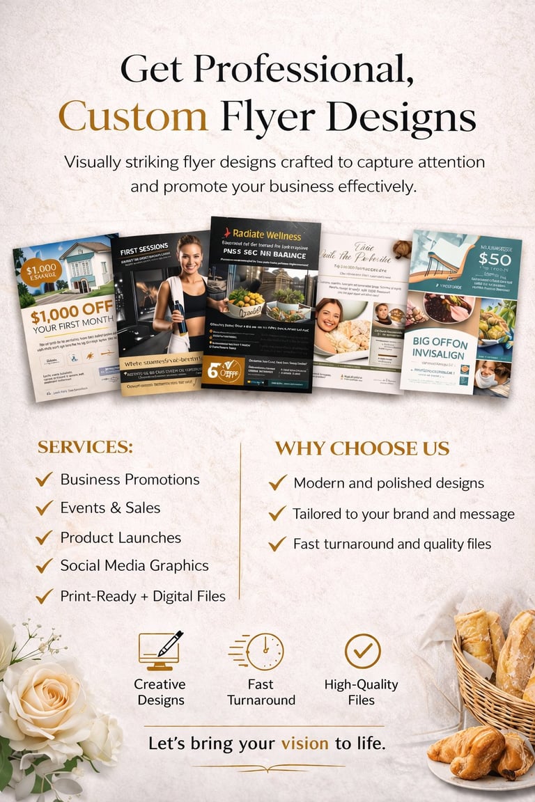 Marketing flyer showcasing custom professional flyer design services with sample designs, service list, and benefits highlighted