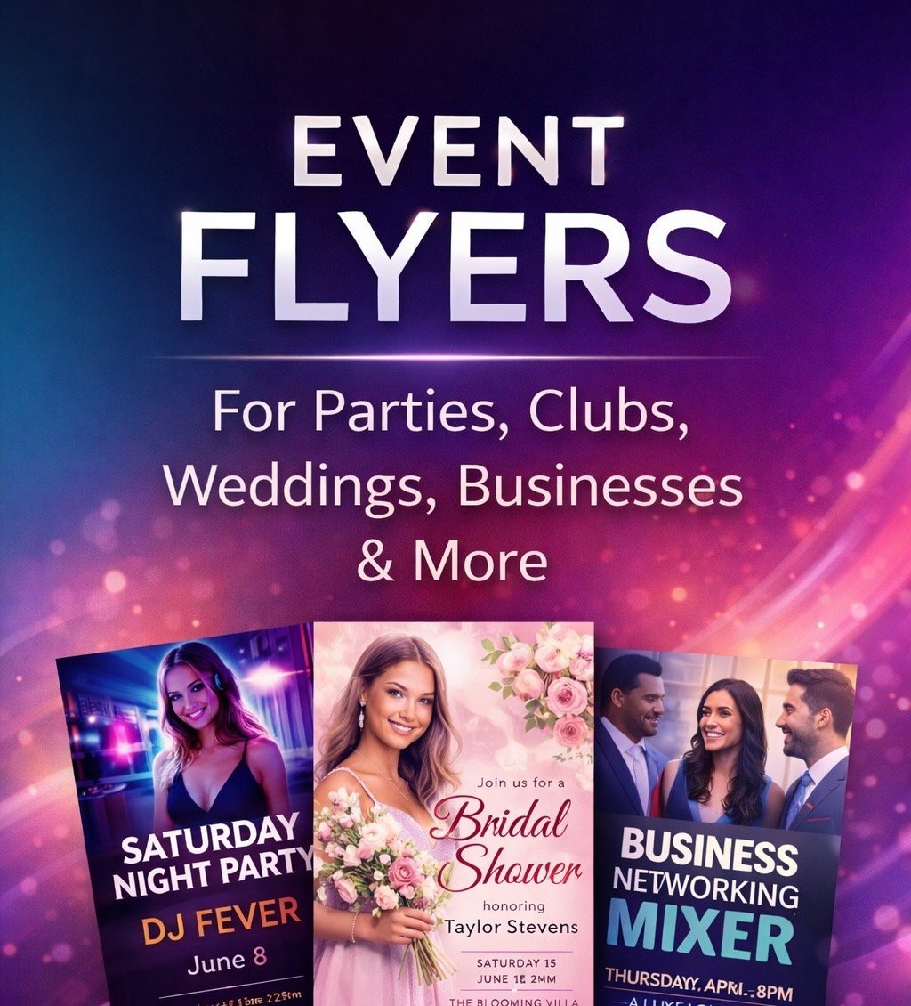 Event flyers promotional image showing Saturday night party, bridal shower, and business mixer flyers on gradient purple and pink background