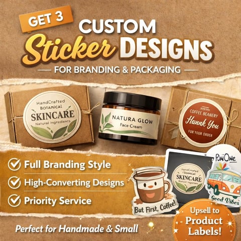 Marketing banner showing custom sticker design options for skincare and beauty product branding with jar labels and packaging examples