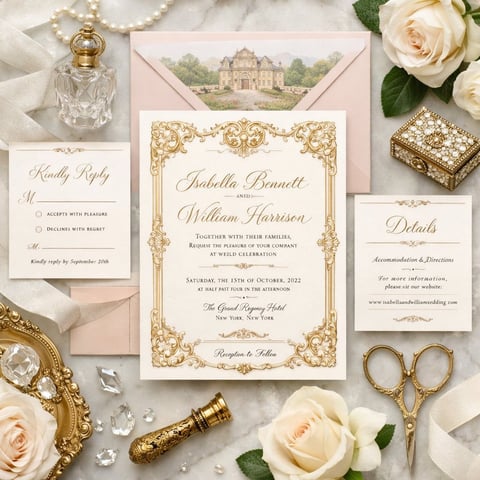 Elegant wedding invitation suite with gold ornate borders, cream roses, perfume bottle, and golden accessories on marble background