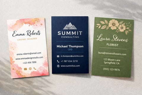 Three colorful business cards displayed on a white surface: pink watercolor design for Emma Roberts, dark blue for Summit Consulting, and green floral design for Laura Stevens Florist