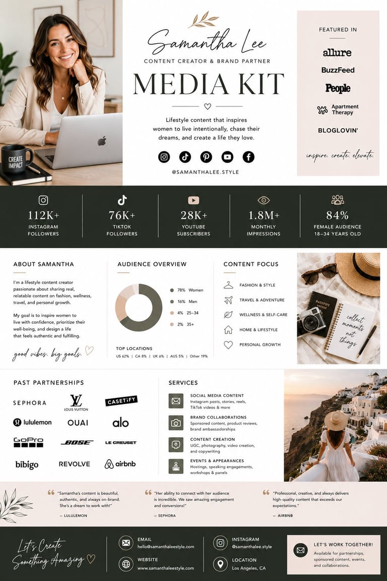 Samantha Lee media kit featuring lifestyle content creators statistics, partnerships, and services overview with professional branding