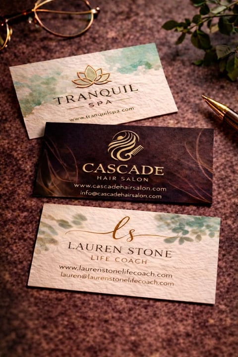 Three business cards displayed on a textured purple surface with gold glasses, pen, and green foliage - for Tranquil Spa, Cascade Hair Salon, and Lauren Stone Life Coach
