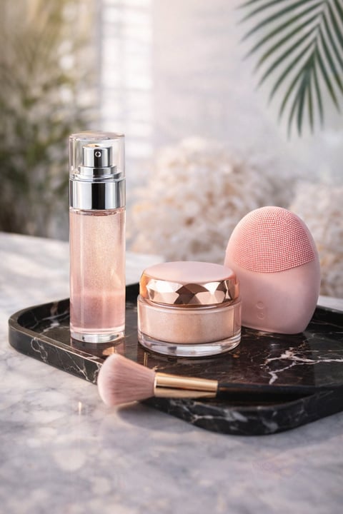 Luxury skincare and beauty products displayed on black marble tray with pink cosmetics and makeup brush