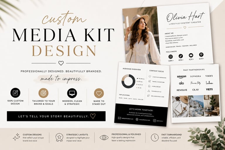 Custom media kit design mockup showing multiple branded pages with photography, icons, and layout templates for professional branding