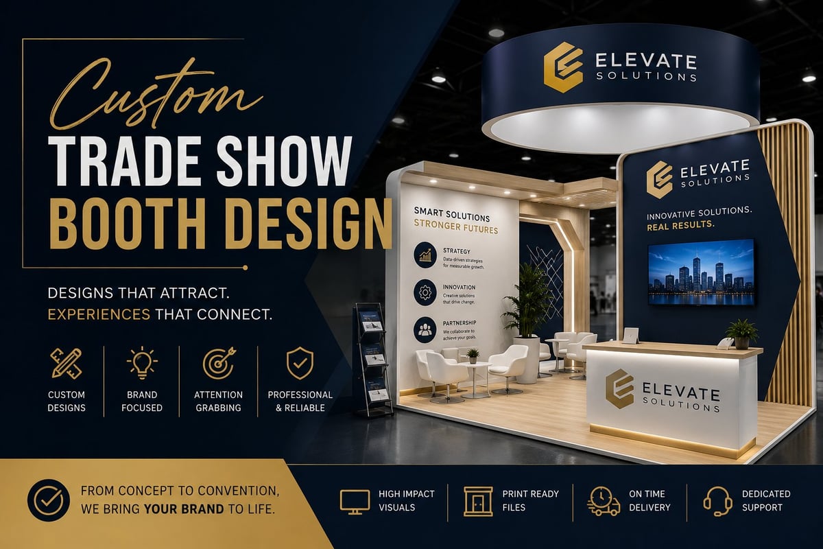 Custom trade show booth design featuring Elevate brand with modern display structure, lighting, screens, and wooden elements