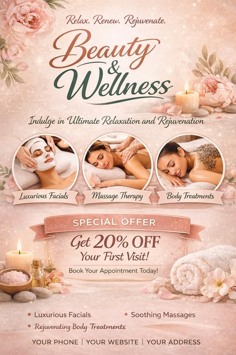 Beauty and Wellness spa promotional flyer featuring relaxation services with 20% off special offer for first visit