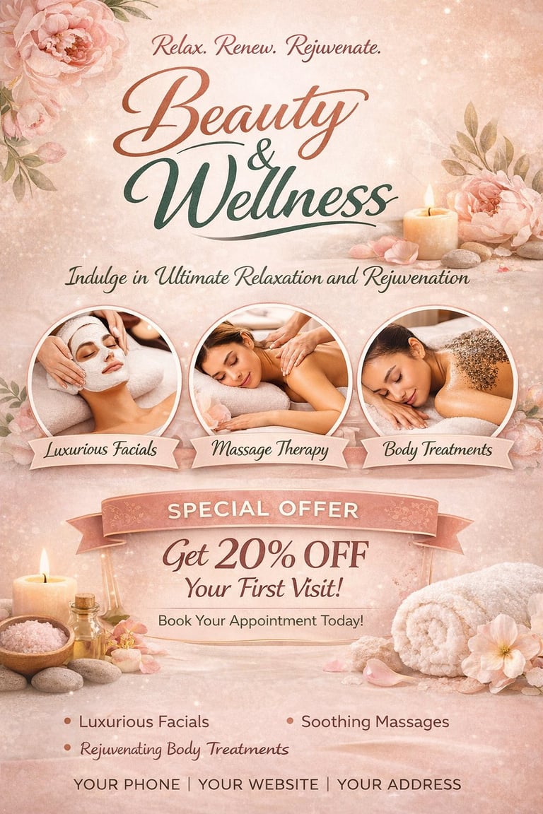 Beauty and Wellness spa promotional flyer featuring relaxation services with 20% off special offer for first visit
