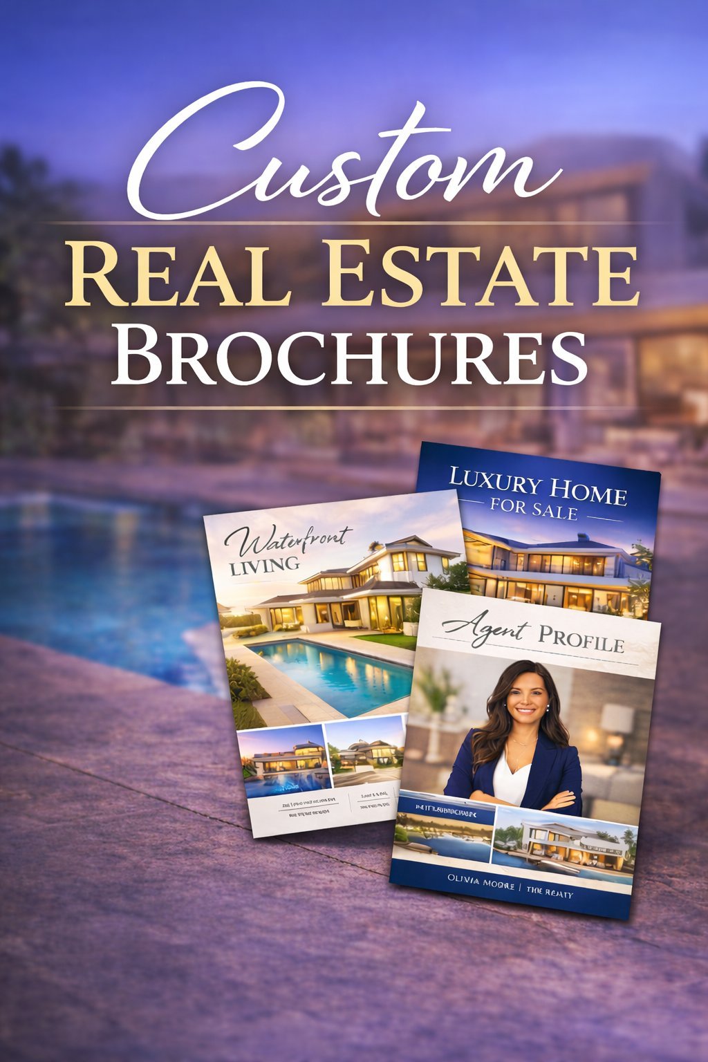 Three custom real estate brochures displayed against a luxury home background with pool and evening lighting