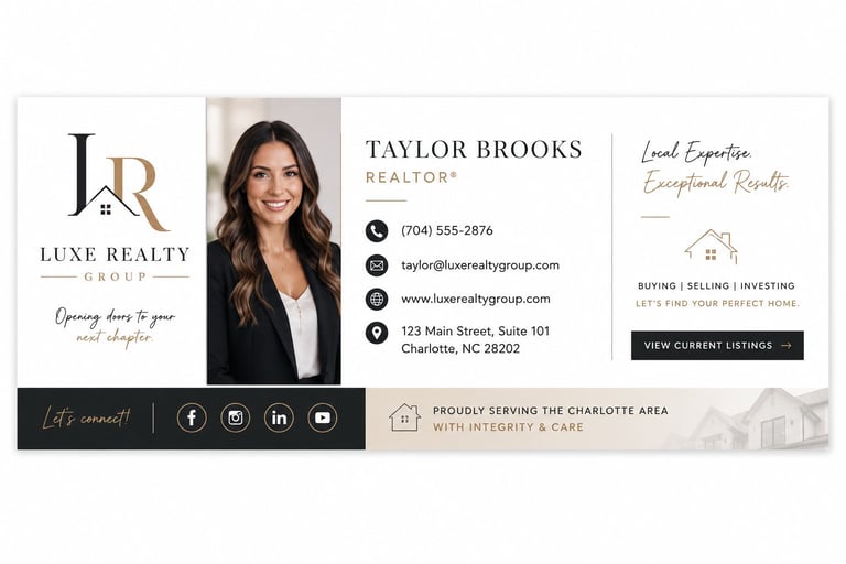 Professional real estate business card for Taylor Brooks, Realtor at Luxe Realty Group, displaying contact information and headshot