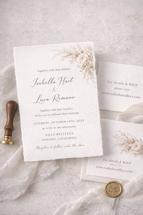 Elegant wedding invitation suite featuring Isabella Hart and Luca Romane with dried floral design, displayed with wax seal and ribbon