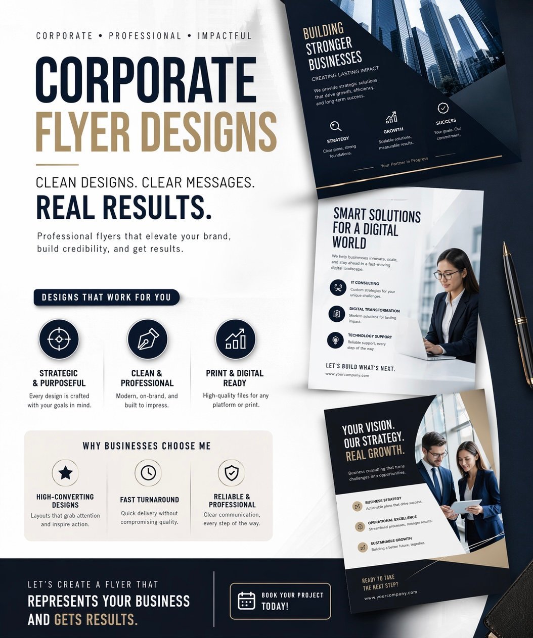 Professional corporate flyer design templates displayed with business mockups showing modern layouts with dark backgrounds, professional photos, and gold accents
