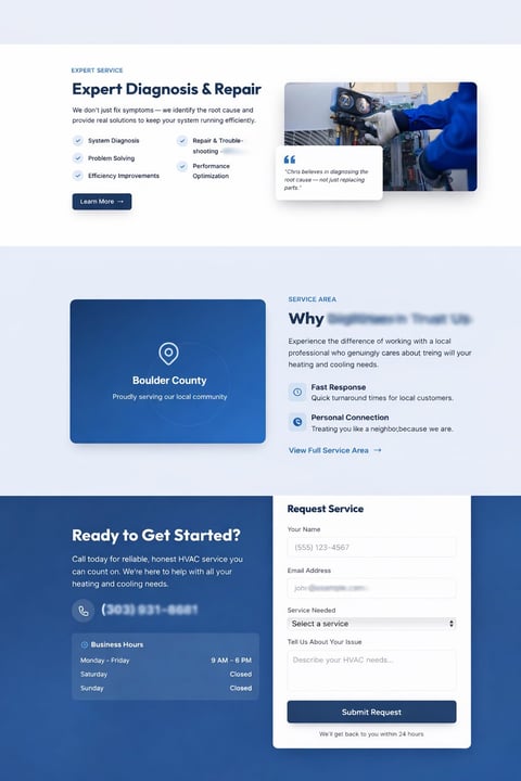 HVAC expert service website showing diagnosis and repair services with contact form and Boulder County service area information