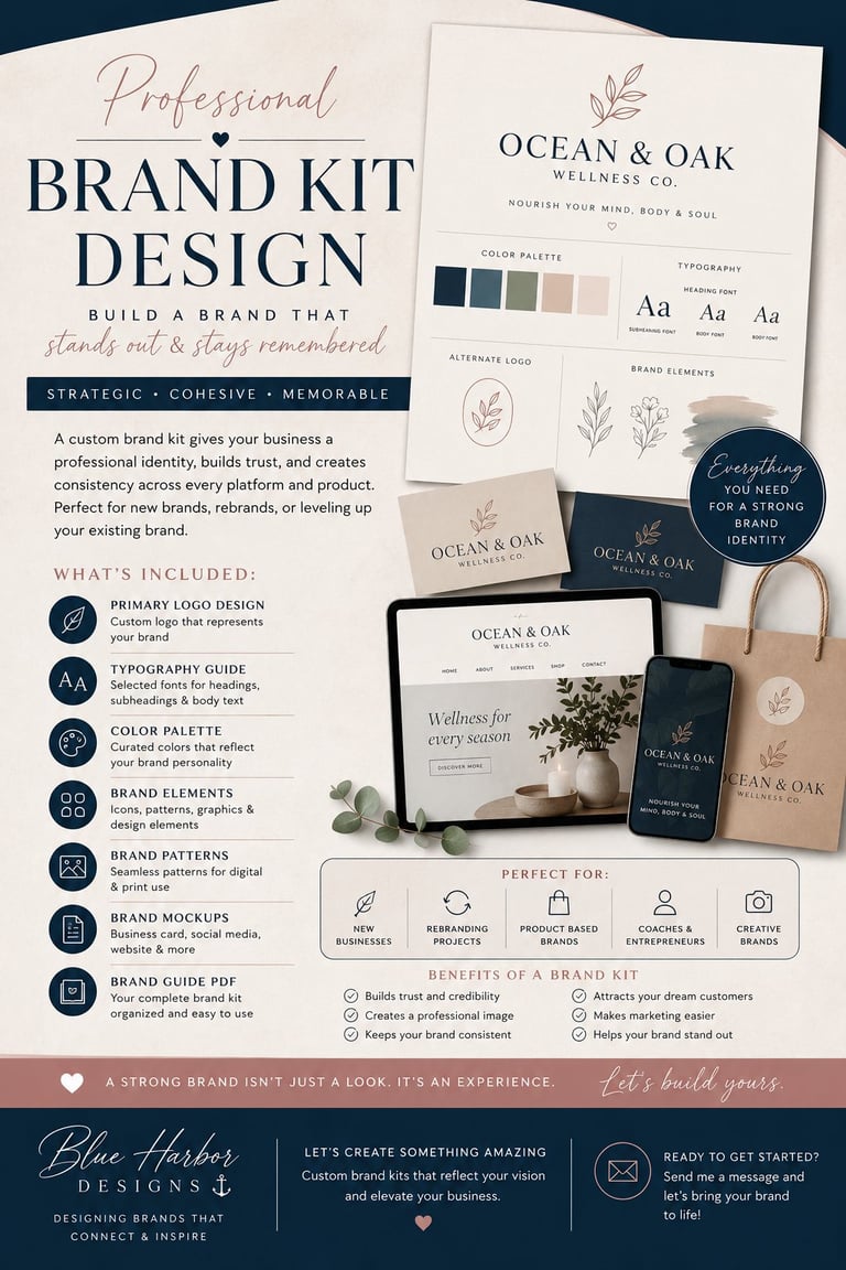 Professional brand kit design template showing logo, color palette, typography, and branded mockups for Ocean & Oak Wellness Co.
