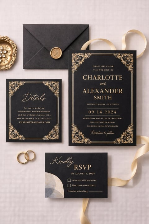 Elegant black and gold wedding invitation suite including invitation, details card, RSVP, envelope, rings, and gold ribbon on white background