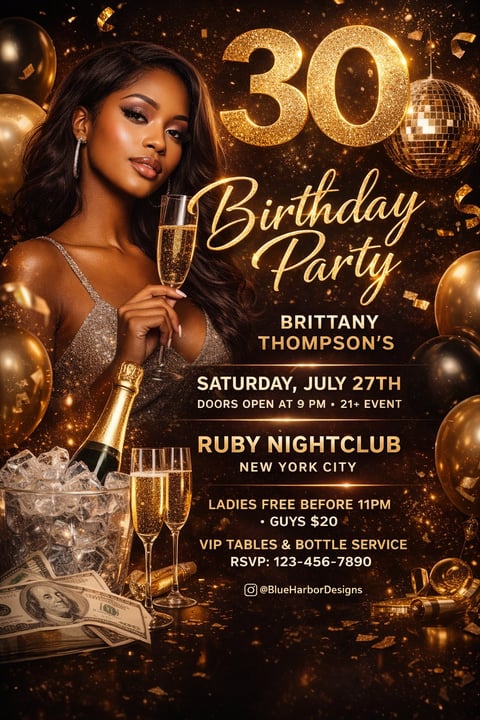 30th Birthday Party flyer featuring woman in gold sequin dress holding champagne glass with balloons and disco ball