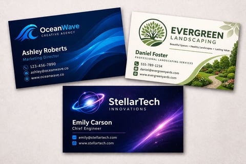 Three professional business cards displayed: OceanWave Marketing in blue, Evergreen Landscaping with green leaf design, and StellarTech Innovations in purple with dynamic lighting effects