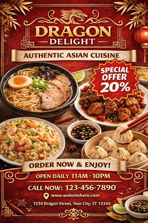 Dragon Delight restaurant promotional flyer featuring authentic Asian cuisine with noodles, fried rice, dumplings, and a 20% special offer