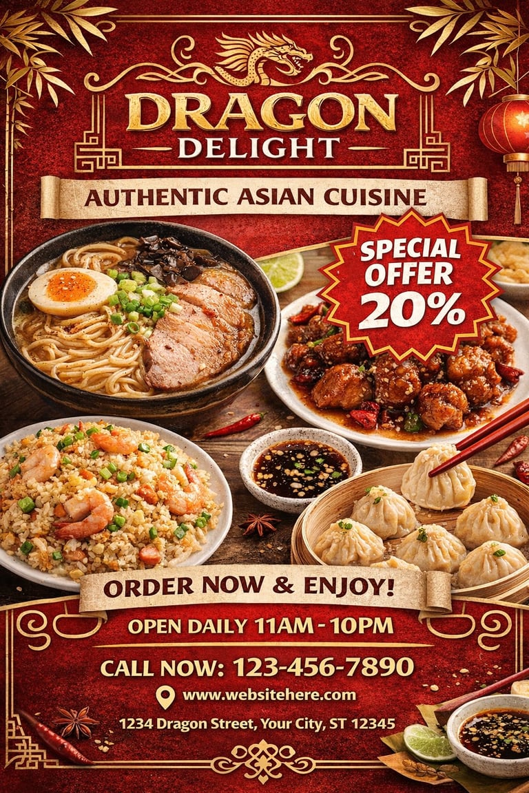 Dragon Delight restaurant promotional flyer featuring authentic Asian cuisine with noodles, fried rice, dumplings, and a 20% special offer