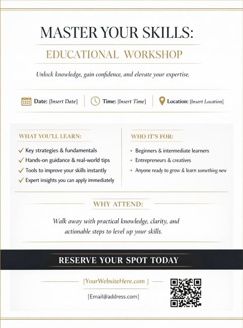 Flyer for Master Your Skills educational workshop with date, time, location placeholders and details about learning outcomes and target audience