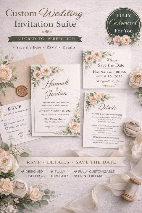 Custom wedding invitation suite with floral designs, featuring save the date, RSVP, and details cards with blush roses and greenery accents
